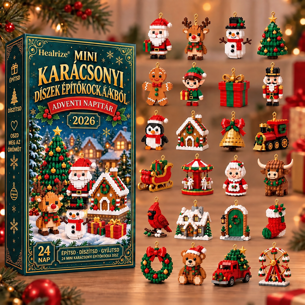 🪶💛Healrize® Adventní kalendář s 24 vánočními mini ozdobami z kostiček