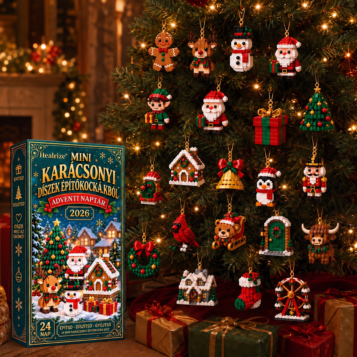 🪶💛Healrize® Adventní kalendář s 24 vánočními mini ozdobami z kostiček