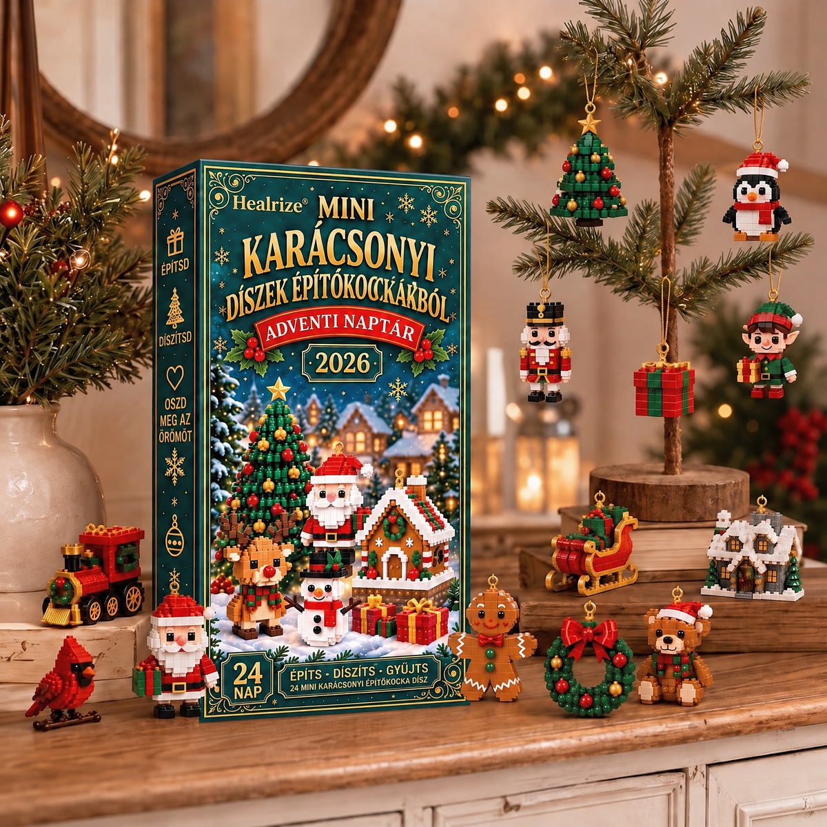 🪶💛Healrize® Adventní kalendář s 24 vánočními mini ozdobami z kostiček