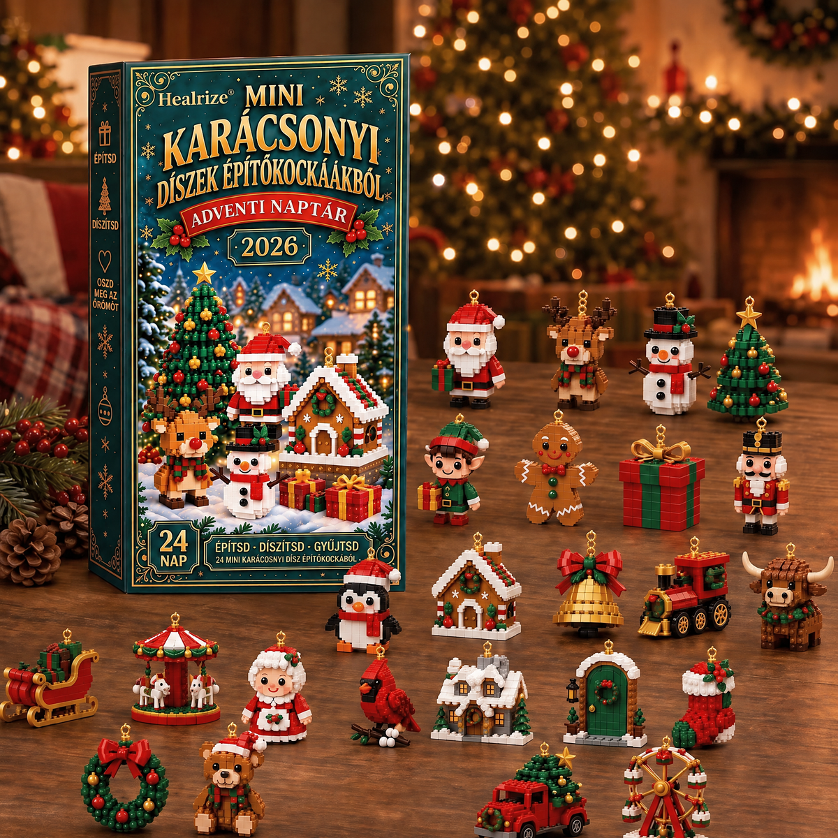 🪶💛Healrize® Adventní kalendář s 24 vánočními mini ozdobami z kostiček